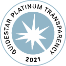 Round badge with GuideStar's logo that looks like a burst in the middle, with the text GuideStar Platinum Transparency 2021 around the circular logo.